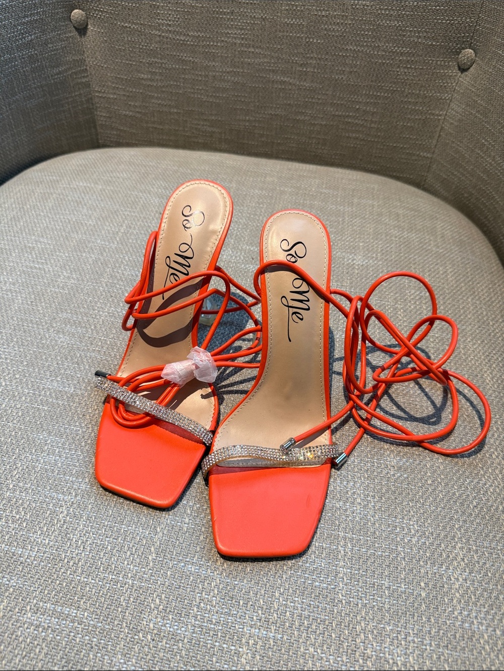 So Me Orange Rhinestone Lace-Up Square Toe Heels